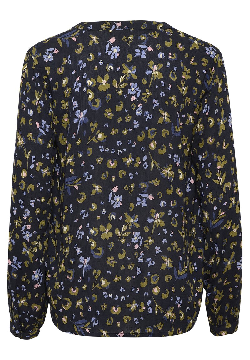 Blusa nera con maniche lunghe caratterizzata da un motivo floreale in verde, blu e rosa. Tessuto leggero e vestibilità comoda.