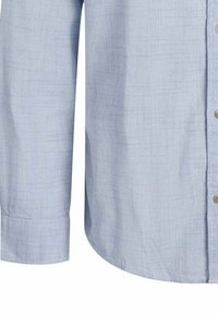 Camicia button-up azzurro chiaro realizzata in tessuto testurizzato, con orlo curvo, maniche lunghe e bottoni a contrasto lungo la patta.