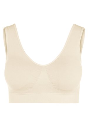 Bralet bej fără cusături, cu bretele late, decolteu rotund și material texturat în zona bustului. Fără închizători sau sârme de susținere.