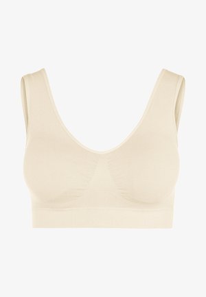 Beige nahtloser Bralette mit breiten Trägern, rundem Ausschnitt und strukturiertem Stoff im Brustbereich. Ohne Verschlüsse oder Bügel.