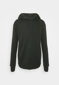 Sudadera verde oscuro con un diseño texturizado y acanalado, que cuenta con un bolsillo frontal y cordones. Con mangas largas y un ajuste relajado.
