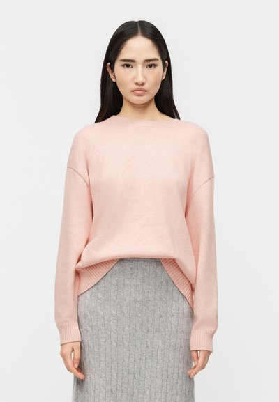 Femme aux longs cheveux noirs portant un pull rose clair et une jupe en maille torsadée grise, debout devant un fond blanc uni.