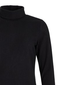 Pull noir à manches longues côtelé avec col roulé haut et coupe ajustée.