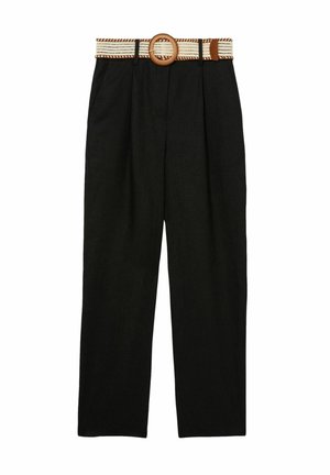 Black wide-leg trousers with a high waist, featuring a woven beige belt with a circular buckle and pleated front design.