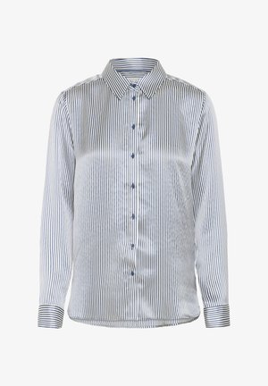 Chemise à boutons rayée en blanc et bleu marine, à manches longues, avec col, présentant des rayures verticales, des poignets standards et huit boutons à l'avant.