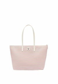 Borsa a spalla a righe con strisce bianche e rosse, realizzata in materiale resistente. Presenta due manici bianchi e un accento logo circolare sul davanti.