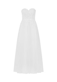 Robe sans bretelles blanche avec un corsage en dentelle florale, jupe en tulle fluide et silhouette ajustée. Tissu léger et transparent ajoutant texture et élégance.