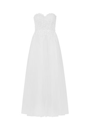 Weißes trägerloses Kleid mit floralem Spitzen-Oberteil, fließendem Tüllrock und taillierter Silhouette. Leichter, transparenter Stoff verleiht Textur und Eleganz.