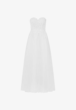 Weißes trägerloses Kleid mit floralem Spitzen-Oberteil, fließendem Tüllrock und taillierter Silhouette. Leichter, transparenter Stoff verleiht Textur und Eleganz.