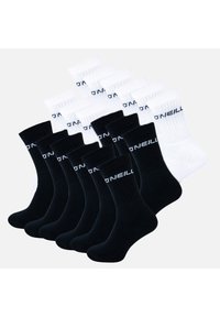 Zwarte en witte katoenen crew sokken, geribbelde textuur, met logo accent; vijf paar in zwart en vijf paar in wit. Totaal van tien sokken.