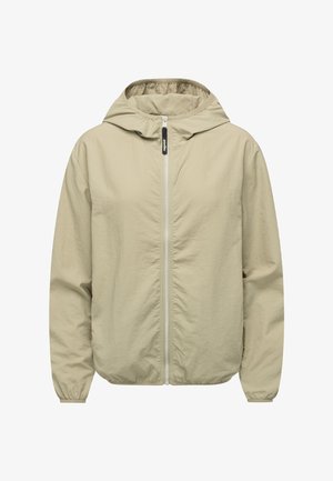 Lightweight beige jacket with a hood, front zipper, elastic cuffs, and a smooth texture, designed for versatility and comfort.