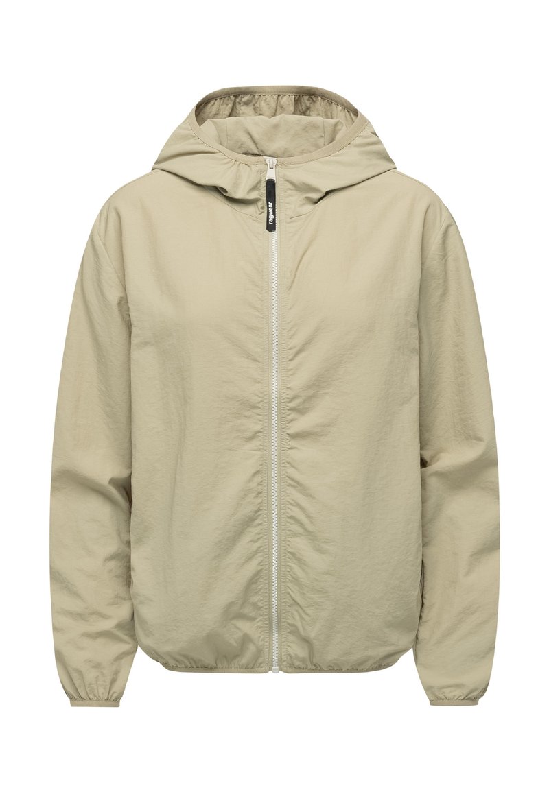 Lengvas smėlio spalvos švarkelis su gaubtu, priekyje užtrauktuku, elastiniais rankogaliais ir lygiu paviršiumi, sukurtas universalumui ir komfortui.