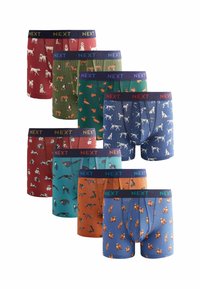 Neun Paar Boxershorts mit verschiedenen Hundemustern in den Farben rot, grün, blau und orange. Elastischer Bund mit dem Aufdruck "NEXT."