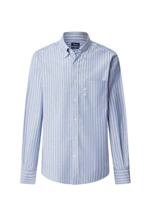 Lichtblauwe lange mouwen overhemd met witte verticale strepen, geknoopte kraag, borstzak en witte knopen aan de voorkant.