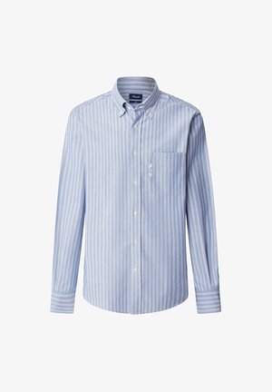 Lichtblauwe lange mouwen overhemd met witte verticale strepen, geknoopte kraag, borstzak en witte knopen aan de voorkant.