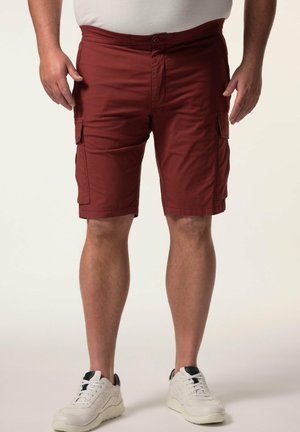 Mand iført rustfarvede cargoshorts og hvide sneakers står mod en ensfarvet baggrund.