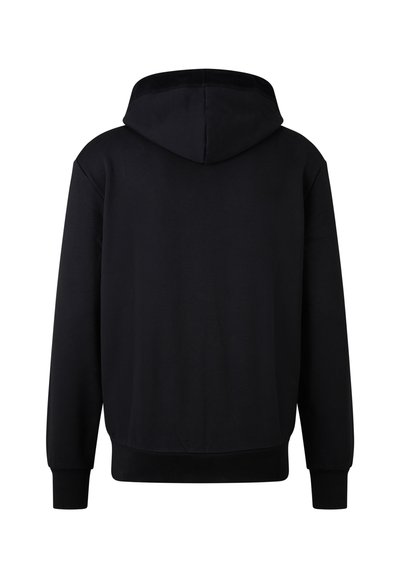 Czarna bluza z kapturem, wykonana z miękkiego materiału, z prostym wzorem, ściągaczami przy mankietach i dole, bez widocznych znaków firmowych ani logo.