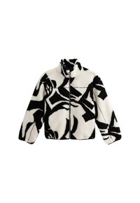 Giacca in pile con colletto alto, caratterizzata da un motivo astratto bianco e nero, apertura con zip e superficie texturizzata.
