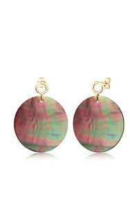 Boucles d'oreilles circulaires en ton doré avec une finition irisée multicolore et une surface texturée. Chaque boucle est suspendue à un attachement en forme de simple anneau.