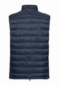 Marineblauer, ärmelloser Steppweste mit hohem Kragen, gestepptem Design, horizontalen Nähten und einem Reißverschluss am Saum. Glatte Oberflächenstruktur.