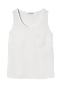 Top bianco senza maniche con scollo rotondo. Realizzato in tessuto leggero e morbido, presenta tasche laterali discrete per la praticità.