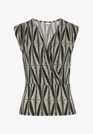 Zwart-witte wikkeltop met een diepe V-hals, kapmouwen en een varenbladpatroon, getailleerde pasvorm, lichtgewicht stof.