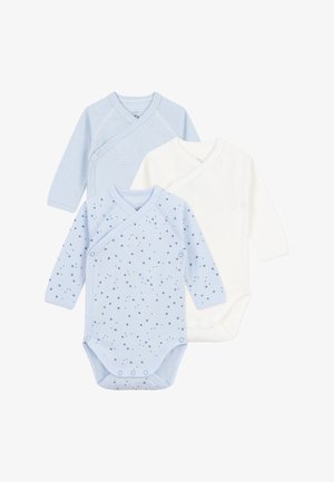 Three long-sleeve baby bodysuits: one light blue with stripes, one solid white, and one light blue with scattered dark blue stars.