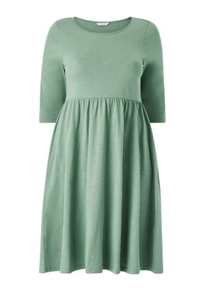 Light green dress with a round neck and three-quarter sleeves. Features a gathered waist and flowing skirt, made from a soft, smooth fabric.