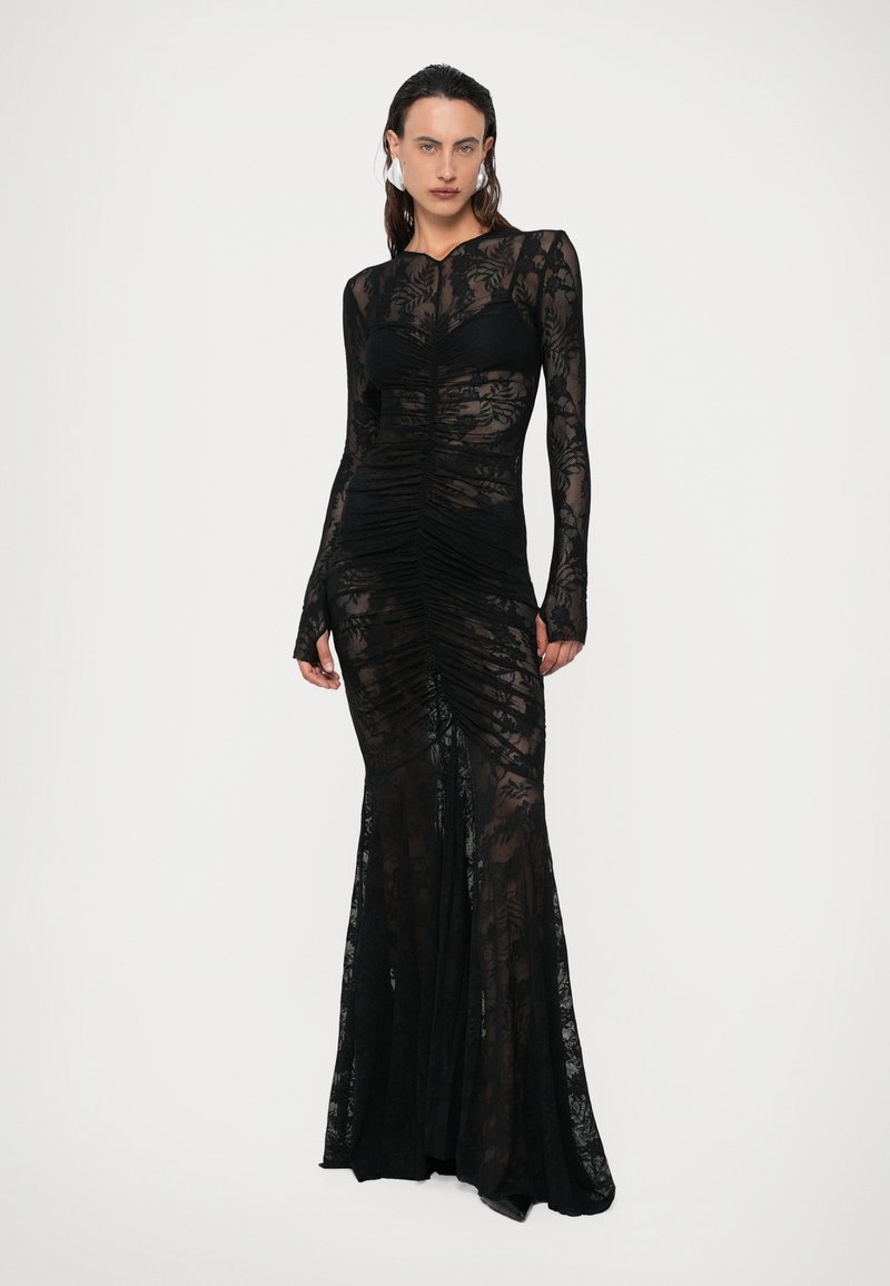 norma kamali long-sleeve v-neck shirred-front sequin fishtail maxi dress Norma Kamali Long Sleeve V Neck Fishtail Gown in Lavender