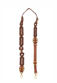 Cinturino in pelle marrone con un design intrecciato, caratterizzato da accenti in metallo dorato e una superficie liscia. Include clip di attacco su entrambi i lati.