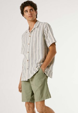 Jeune homme portant une chemise à manches courtes beige à rayures bleues avec des boutons, un short vert olive, debout avec une main dans la poche, regardant vers le haut à droite.