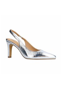 Scarpa con tacco alto slingback argento con punta appuntita, realizzata in materiale metallico, con tacco impilato e superficie liscia.