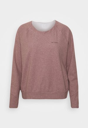 Langärmeliges Sweatshirt mit Rundhalsausschnitt in Malvenfarbe mit subtiler Melierung und kleinem schwarzem "Arc'teryx"-Logo auf der Brust.