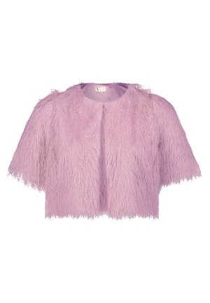 Kurzärmlige, taillierte Jacke aus flauschigem, strukturiertem Material in sanftem Lavendelton, mit rundem Ausschnitt und vorderem Verschluss.