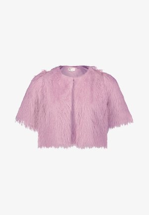 Korte mouw cropped jasje van fluffy, gestructureerd materiaal in zacht lavendel, met een ronde halslijn en een sluiting aan de voorkant.