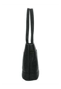 Borsa in pelle nera con finitura texurizzata, forma affusolata, due manici piatti e una tasca laterale. Costruzione robusta, design minimalista.