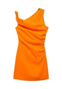 Leuchtend orangefarbenes Minikleid mit einem Schulterdesign, mit gerafften Details auf einer Seite und einem leichten Fall am Halsauschnitt.