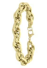 Gouden kettingarmband met in elkaar grijpende ovale schakels, een gepolijste afwerking en een karabijnsluiting. Glad oppervlak over de hele lengte.