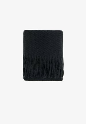 Mustavillainen villahuivi, taiteltu pehmeästä materiaalista ja tupsullisilla reunoilla, suorakulmainen muoto ja tasainen väri koko pinnalla.