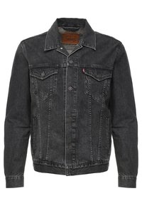 Schwarze Jeansjacke mit Kragen, Knopfverschluss, zwei vorderen Taschen und einem Lederetikett am inneren Kragen.