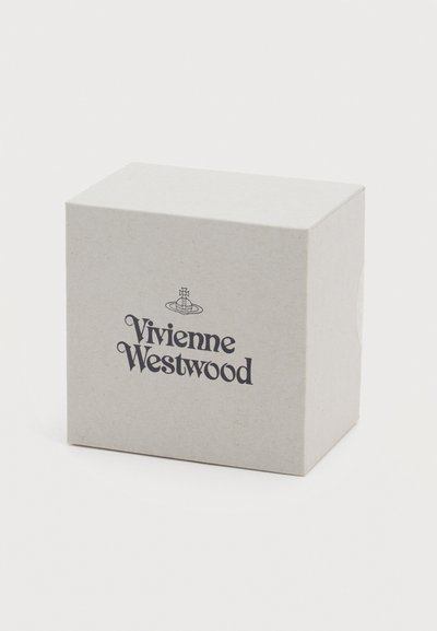 Small beige box with Vivienne Westwood logo and orb symbol centered on one side, placed on a plain white background.