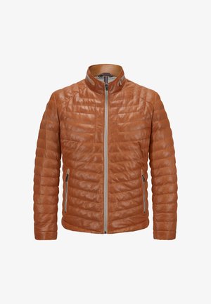 Hellbraune Lederjacke mit gesteppter Optik, hohem Kragen und Reißverschluss vorne. Verfügt über zwei seitliche Reißverschlusstaschen und eine glatte Oberfläche.