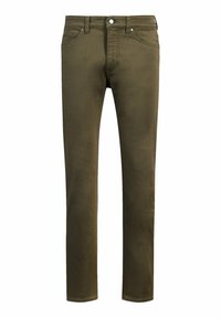 Olive green jeans made of denim; straight leg design with classic five-pocket styling and silver-tone hardware. Smooth texture, simple stitching.