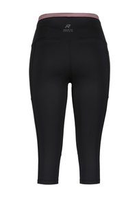 Zwarte capri leggings met een hoge tailleband en een roze accent. Gemaakt van rekbaar materiaal, met een logo-detail op de achterkant.