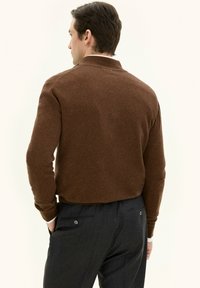 Brauner Strickpullover mit geribbeltem Kragen, getragen mit dunkelgrauen Hosen mit Rückentaschen und Knopfdetails. Glatte Textur.