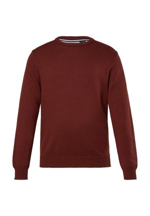 Sweatshirt tricoté bordeaux avec un col rond, des manches longues, des bords-côtes aux poignets et à l'ourlet, fabriqué en coton doux. Pas de motifs ou d'accents visibles.