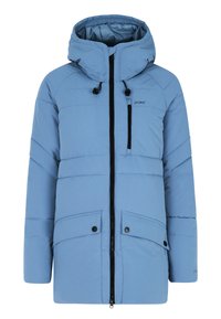 Lichtblauwe pufferjack met een capuchon, voorzien van een voorkantrits, twee grote voorzakken en een kleine borstzak met een zwart accent.