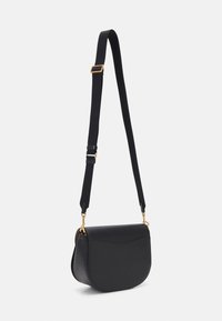 Black crossbody bag with a soft, curved shape. Made from leather with a matte finish. Adjustable fabric strap with gold-tone hardware accents.