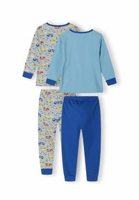 Twee-delige pyjama set met een blauwe top en een gepimpt grijs broek met kleurrijke voertuigen, blauwe manchetten en een elastische tailleband.
