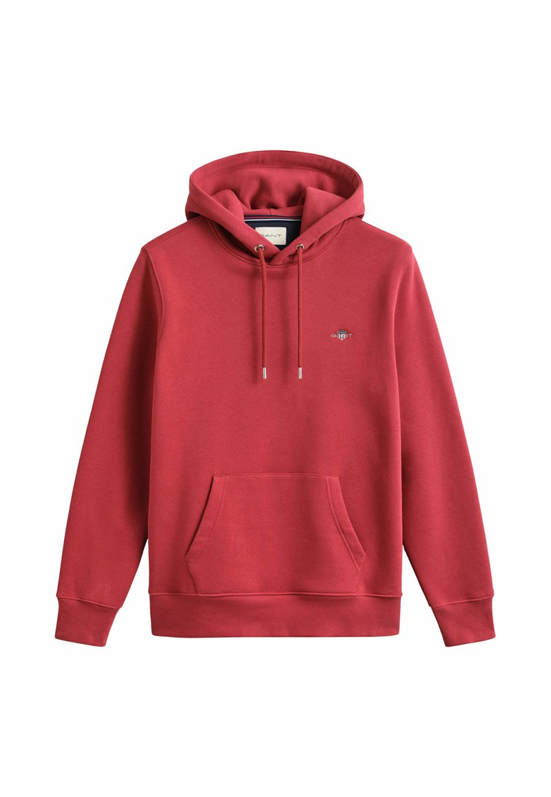 Rotes Kapuzensweatshirt mit Fronttasche, Kordelzugkapuze, gerippten Bündchen und kleinem aufgesticktem Logo auf der Brust.